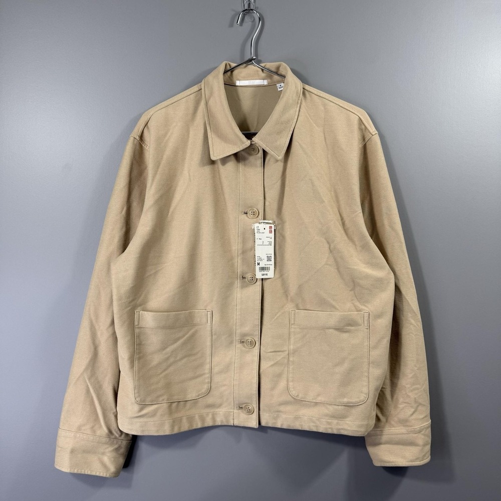 Uniqlo Jersey Relaxed Jacket Womens Medium Beige Button Front Pockets Casual